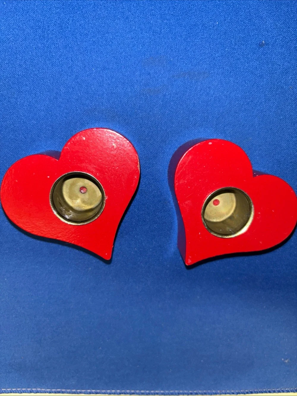 Vintage Made In Sweden Painted Red Heart Wood Candle Holders Folk Art 2 MCM
